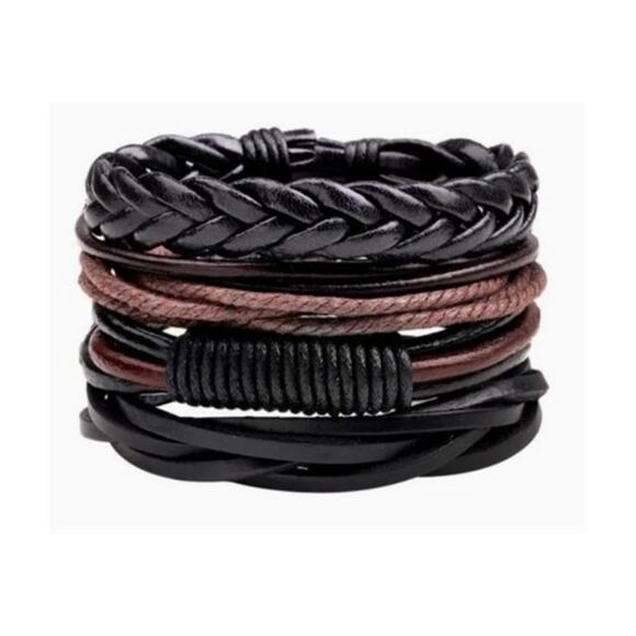 4 Piece Men's PU Leather Bohemian  Bracelet - Picture 1 of 4